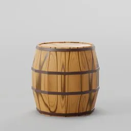 "Stylized lowpoly wooden barrel for Blender 3D - industrial container model with highly detailed skin and brown stripe. Perfect for furniture rendering and game assets in settings like pubs, dungeons and more."