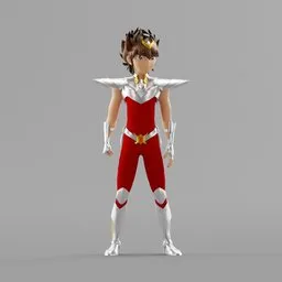 "Fantasy 3D character model of Pegasus Seiya, ready-to-animate and rigged for Blender 3D. Modeled with clean topology and accurate proportions, the knight of the zodiac dons a red and white spandex suit, adorned with metallic accents and full body white feathers. Perfect for Unreal Engine renders and anime-style animations."