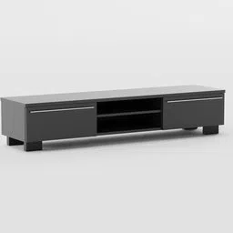 Minimalist black 3D model TV stand with drawers and shelves, suitable for Blender rendering.