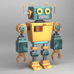 "Retro metallic cubic robot 3D model with a cute and simple design, perfect for Blender 3D users. Inspired by Charles Ginner and well rendered with a colorful Redshift palette. Great for 8-bit game design and CGSociety projects."