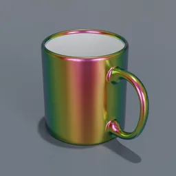 "Rainbow-colored coffee mug with reflective metal surface and polished bronze material, created using Blender 3D software. Perfect for seapunk, anti-aliased, and LGBT designs. Solid object shown in a void for a gamer aesthetic."