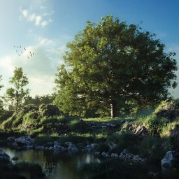 Tranquil 3D rendered river scene with lush greenery, clear water, and blue sky created in Blender.