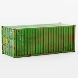 "Hyper-realistic green industrial shipping container model with detailed rust and unique serial numbers, created in Blender 3D. Ideal for Blender 3D enthusiasts seeking a highly-detailed and authentic container asset for their projects."