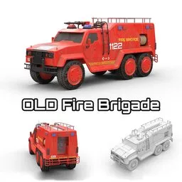 "Vintage red fire truck 3D model for Blender 3D – Old Fire Brigade, highly detailed with retro armor and damaged structures. Created by Andrew Law with Blueshift render and Frostbite engine. Based on a child's drawing and available on the BlenderKit store website."