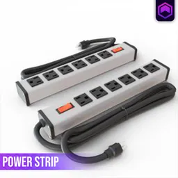 Detailed Blender 3D model of a gray power strip with multiple outlets and red switches.