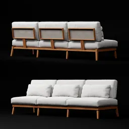 Highly detailed Blender 3D model of an elegant, contemporary sofa with cushions and wooden legs.
