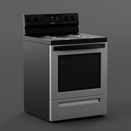 "Modern black and silver stove model for Blender 3D - highly detailed with curved steel gray body and elegant design, perfect for kitchen appliance projects. Full frontal view in Unreal Engine HD render and Redshift render for commercial shots or personal use. Processor included in the design for added realism."