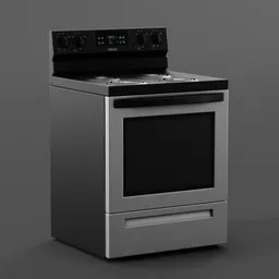 "Modern black and silver stove model for Blender 3D - highly detailed with curved steel gray body and elegant design, perfect for kitchen appliance projects. Full frontal view in Unreal Engine HD render and Redshift render for commercial shots or personal use. Processor included in the design for added realism."