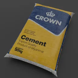 Realistic 3D model of a sealed cement bag, textured for Blender rendering, suitable for industrial scene design.