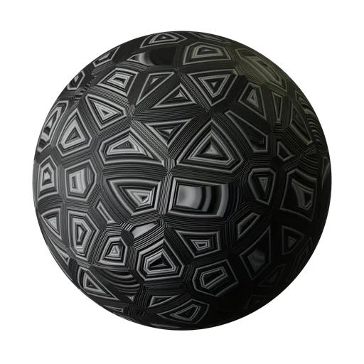 High-quality PBR black abstract material with intricate geometric patterns for Blender 3D and other 3D applications.