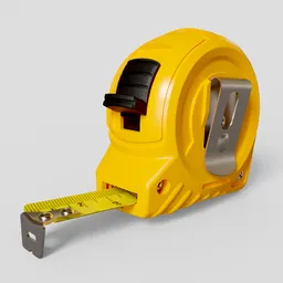 Realistic Blender 3D model of a yellow retractable measuring tape for construction and DIY projects.