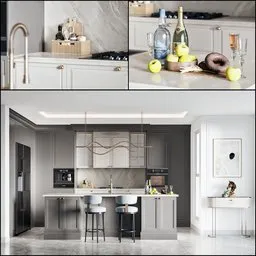 Modern 3D-rendered kitchen design with sleek appliances, ambient lighting, and stylish decor for visualisation and creative projects.