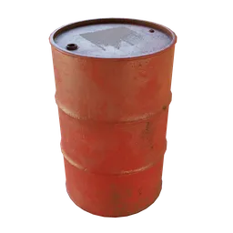 "Red Coated Industrial Barrel with Rusty Look - Blender 3D Model for Tight Head Steel Drum." This 3D model features PBR textures, reflective metal, hexagonal pattern, and detailed furnishings. The barrel is coated with a red substance, making it an ideal fit for industrial container 3D modeling needs.