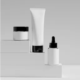 Elegant 3D-rendered cosmetics setup for product visualization with studio lighting.