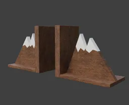 Realistic 3D model of mountain-shaped wooden bookends, suitable for Blender rendering, with detailed textures.