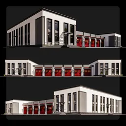 Detailed 3D rendered model of a contemporary fire station facade, compatible with Blender for architectural visualization.
