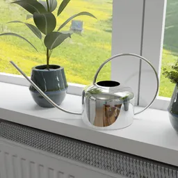 Chrome watering can 3D model next to potted plant on windowsill, Blender 3D art.