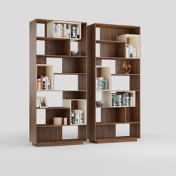 High-quality 3D model of a wooden modular bookcase with books and decorations, compatible with Blender.