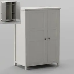 "White wardrobe closet with subdivision control and UV ready for Blender 3D. Doors can be opened or animated. High-quality model with front, back, and side views. Created by Else Alfelt in 2019."