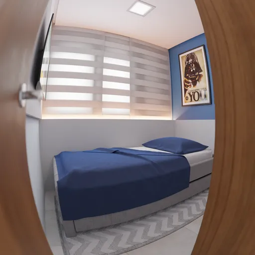 Modern minimalist bedroom 3D model with blue bedding and poster, ideal for Blender artists and creative projects.