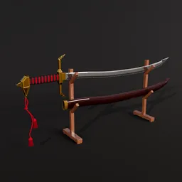 3D modeled historic saber with scratches, displayed on a wooden stand, created in Blender.
