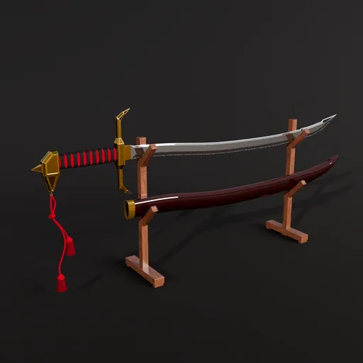 3D modeled historic saber with scratches, displayed on a wooden stand, created in Blender.