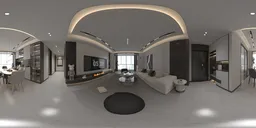 8K sophisticated modern living room HDR lighting panorama for realistic scene illumination.