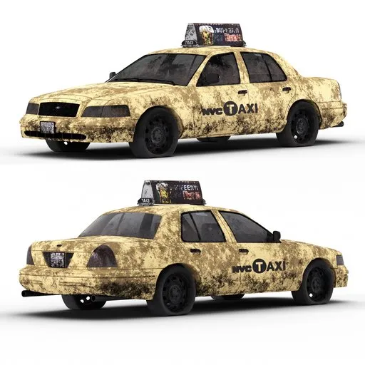 Detailed 3D model of a weathered taxi car with dirt and grunge textures, suitable for Blender rendering.