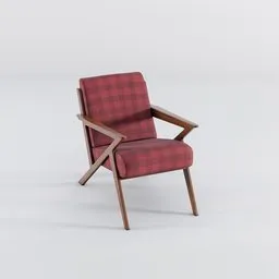 Burgundy plaid vintage-style armchair 3D model with sleek wooden frame and flawless upholstery.