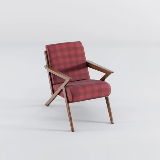 Burgundy plaid vintage-style armchair 3D model with sleek wooden frame and flawless upholstery.