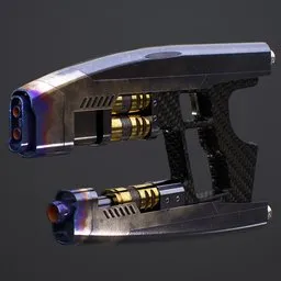 Detailed low poly 3D model of a sci-fi Quad Blaster with 4K textures, optimized for Blender and game development.
