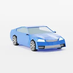 "Blue lowpoly car model for Blender 3D - A simple, cool and bright tinted 3D model of a blue car on a white surface. Perfect for creating Roblox avatars and datamoshing visual effects. Rendered with clear lines and shapes, featuring flat triangles and paper cutouts of plain colors."