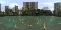 Outdoor basketball court HDR with surrounding greenery and overcast sky for scene lighting