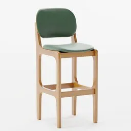 3D model of a pine wood stool with a green cushion optimized for use in Blender.
