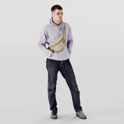 Brutal-looking 3D male model in lilac hoodie with crossbody bag and black jeans, for Blender 3D rendering.