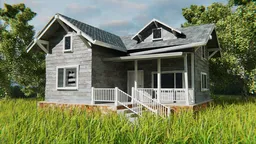 Detailed 3D rendering of a weathered, abandoned house with overgrown grass, ideal for Blender 3D rural scene assets.