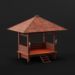 "A high-resolution 3D model of a wooden gazebo with a ladder, designed in ZBrush. This versatile model is perfect for game assets, props, and other 3D projects in Blender 3D. Create stunning scenes with this Japanese bathhouse-inspired gazebo featuring a rounded roof and a top colonial style."