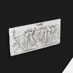 "Blender 3D model of 'Muses Panel': A white relief sculpture depicting a group of people, reminiscent of classic Greek mythology. This 3D printed diptych features a battle scene background and elements of art deco. Ideal for gaming assets or artistic projects in Blender 3D."