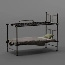 3D model of a metal double decker bed with a lower mattress and pillow, for Blender.