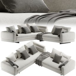 "MINOTTI ALEXANDER Sofa - Designed by RODOLFO DORDONI. Grey sofa with pillows and a blanket, featuring an asymmetrical ribbed design. 3D model created in Blender 3D."