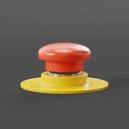 Detailed 3D model of a red emergency stop button on a grey backdrop, compatible with Blender for machine safety designs.