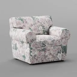 Detailed 3D rendering of a floral-patterned modern armchair, compatible with Blender for interior design visualization.