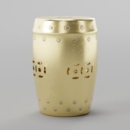 "Add glamour to your 3D scenes with the highly detailed Decorative Gold Stool model inspired by Vija Celmins and Viennese Secession. Made for Blender 3D, this trendy pouf exudes elegance with its glittery gold finish and intricate metal lid. Perfect for upscale events or private collections."