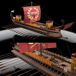 Detailed 3D Roman Trireme model with sails, oars, and vibrant SPQR banner, made for Blender.