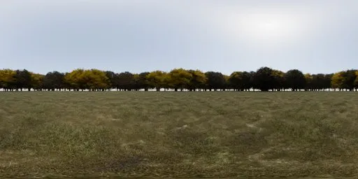 Serene 16K HDR image of a grassy field with grazing sheep, treeline horizon, blue sky, and warm sunlight for scene lighting.