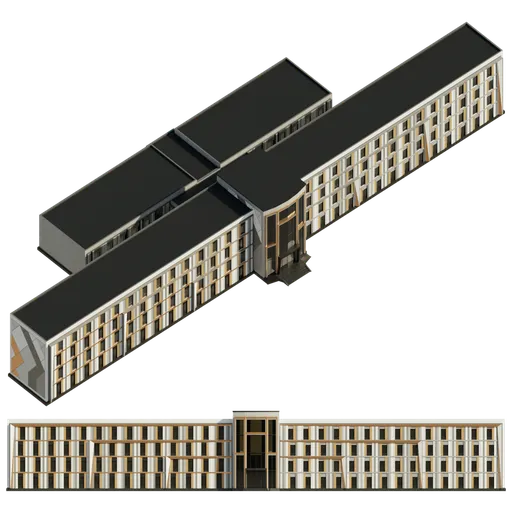 Detailed Blender 3D model of a modern high school with intricate design features.