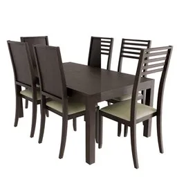 "Kitchen table set with two variants for Blender 3D - featuring a dining table, four chairs, white background, and textured base. This 3D model is perfect for anime/manga styled scenes, chalet-themed designs, and renders in the re engine. Get the shiny crisp finish and detailed representation of a kitchen set with upper torsos, forks, and a brown color scheme."