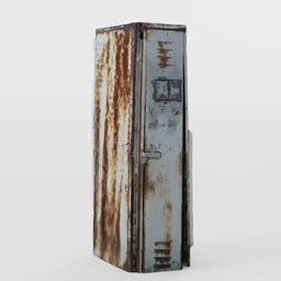 "Rusty cabinet - A detailed 3D model for Blender 3D featuring a rusted old refrigerator with a rusted door. This industrial container, with a post-nuclear fallout concrete art style, is reminiscent of a half metal-polystyrene cabinet. Perfect for production quality cinema models or creating realistic scenes in Blender 3D."