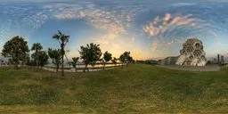 360-degree view of a serene riverside with sunset, clouds, and greenery for realistic lighting in 3D scenes.