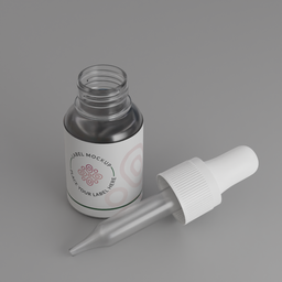 "Serum Bottle 02: A 3D model of a medicine bottle with plastic cap, created in Blender 3D. Features smooth round shapes and liquid metal textures. Perfect for medical or science-related 3D designs."